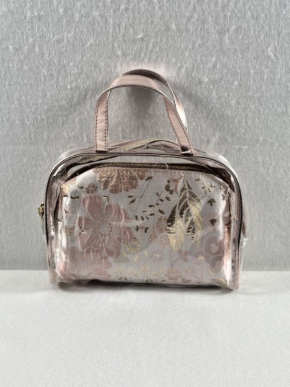 Vince Camuto 3-Piece Cosmetic Bag Set Rose Gold Clear Floral Travel Set NEW